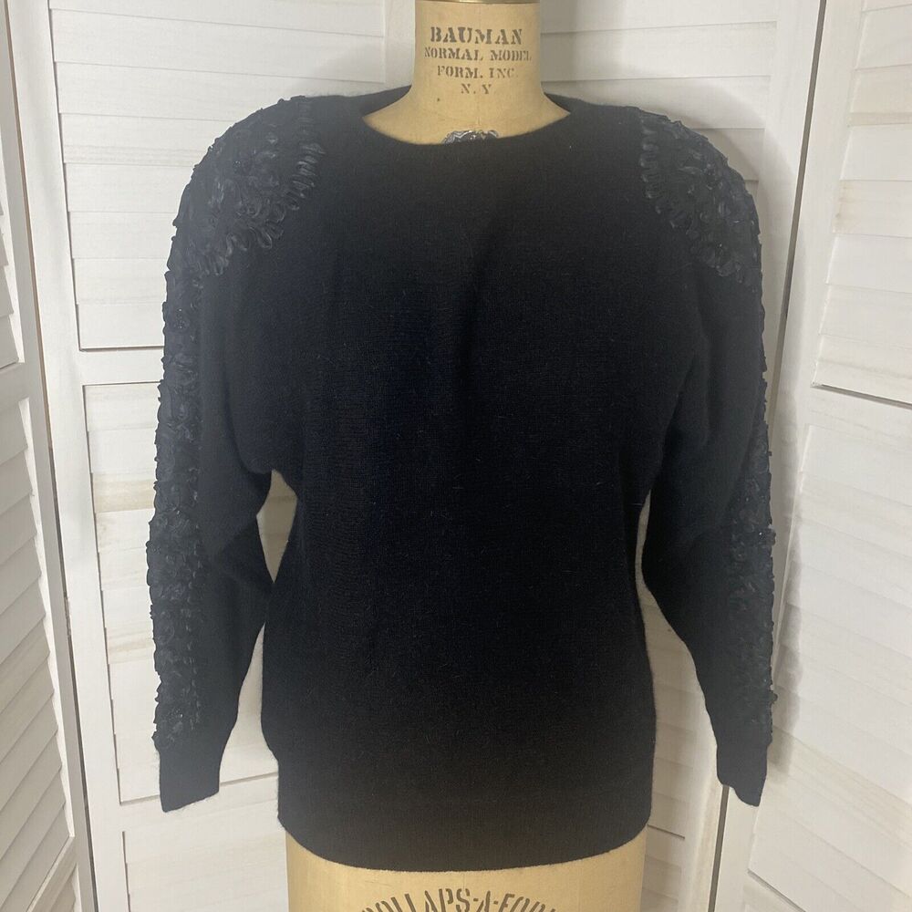 80s/90s VINTAGE NILANI Black Sweater SZ Small Lambswool Beads And Ribbon Trim